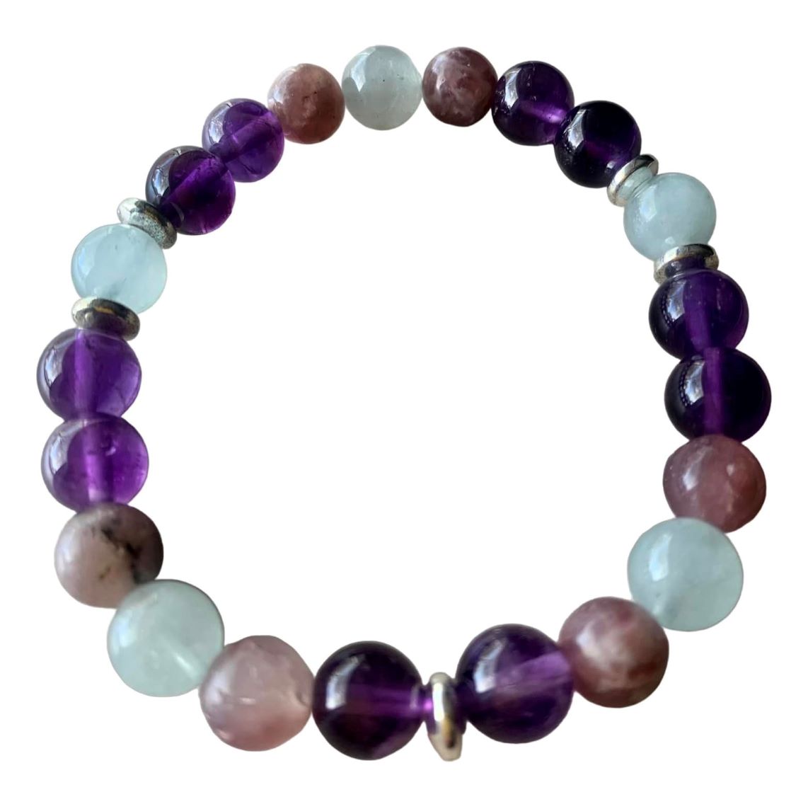 Anxiety Buster Bracelet 8 mm Amethyst, Aquamarine, Lepidolite Round Beads | | Wiccan Center