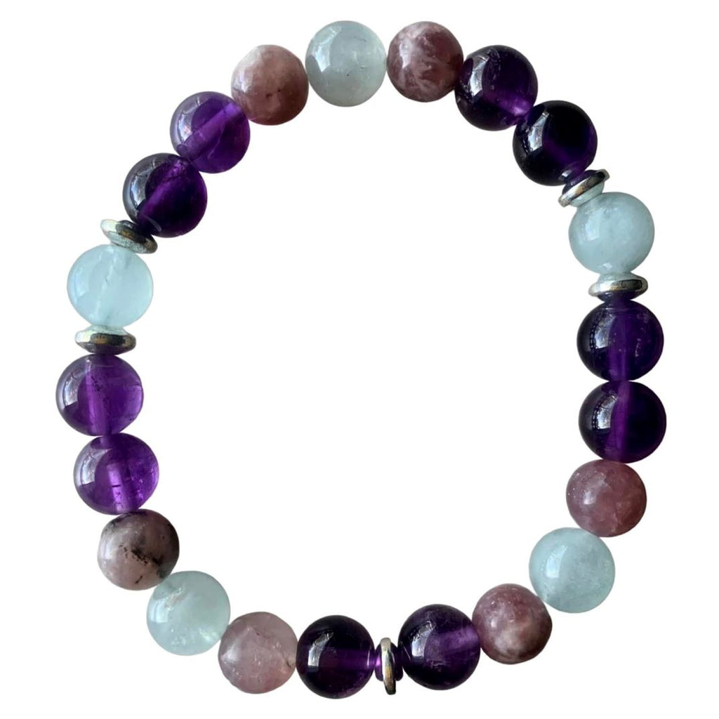 Anxiety Buster Bracelet 8 mm Amethyst, Aquamarine, Lepidolite Round Beads | | Wiccan Center