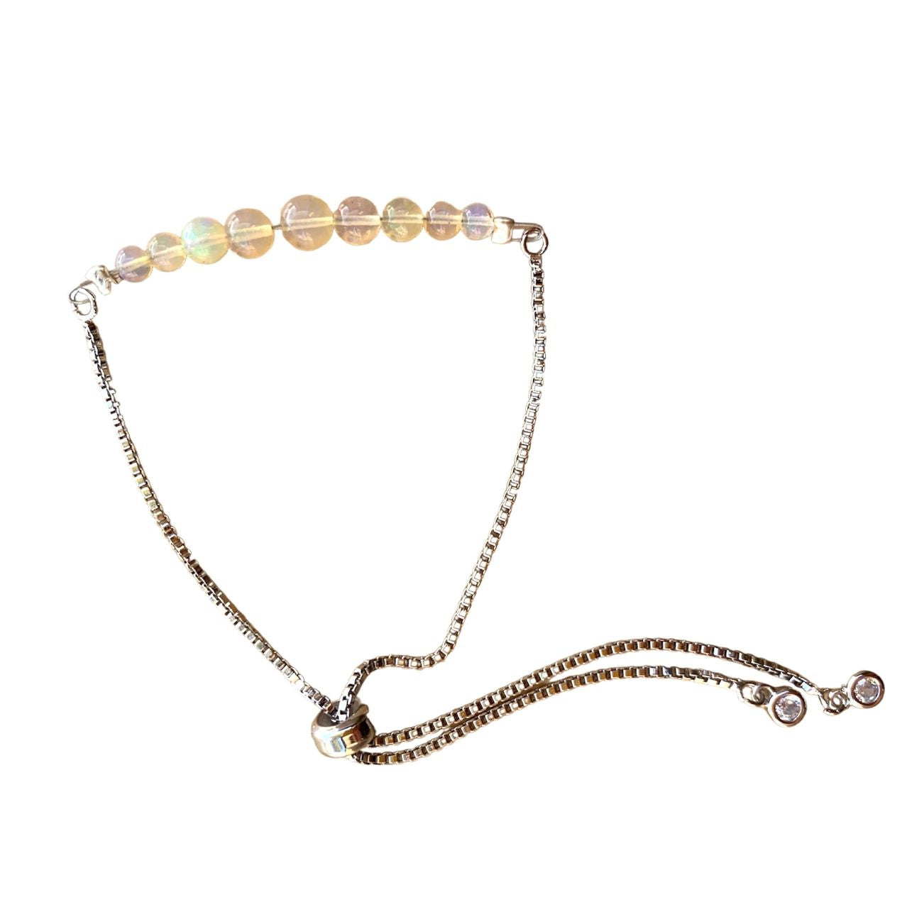 White Opal Round Graduated Bar Bracelet with Adjustable Chain (October) | Bracelets | Wiccan Center