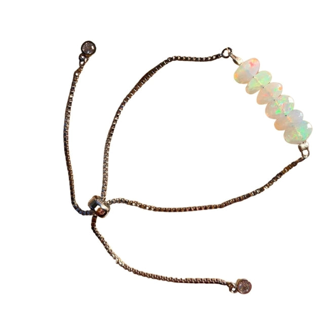 White Opal Rondelle Bar Bracelet with Adjustable Chain (October) | Bracelets | Wiccan Center