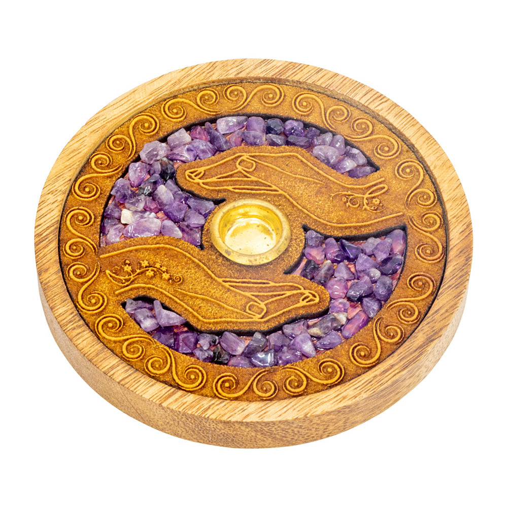 Laser Etched Wood Round Incense Holder - Healing Hands w/ Amethyst Inlay | Incense Burner | Wiccan Center