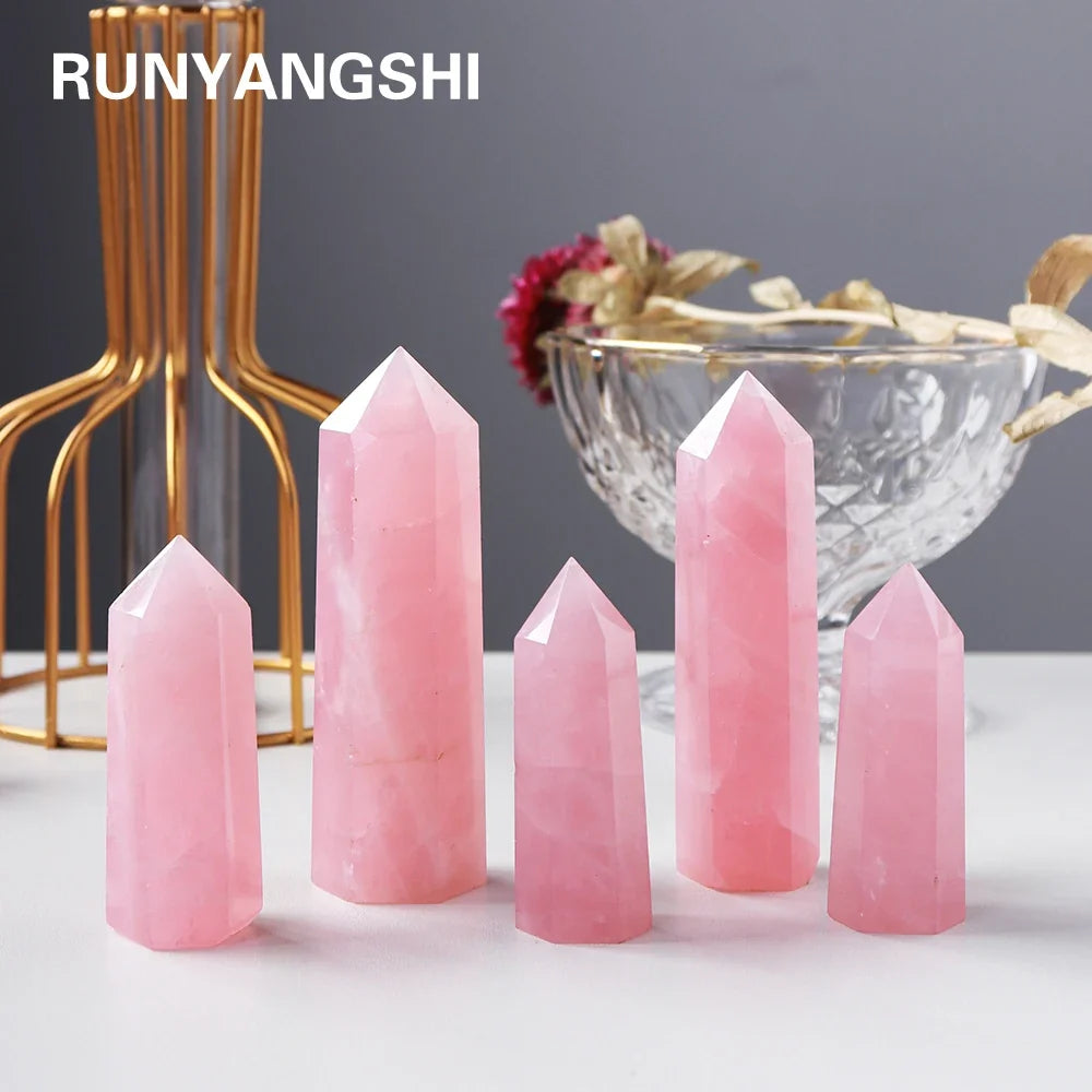 Natural Pink Crystal Point Rose Quartz Crystal hexagonal prism ornament magic wand Healing Gemstone Crystal Tower