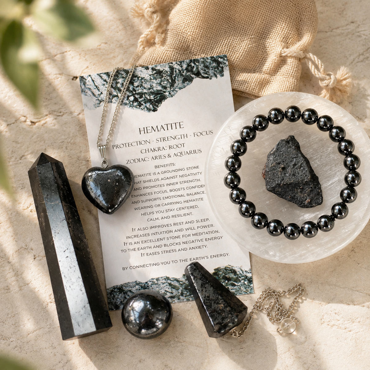 Hematite Crystal Gift Set For Emotional Support and Protection, Real Polished Gemstones. | Merkaba & Platonic Solids | Wiccan Center