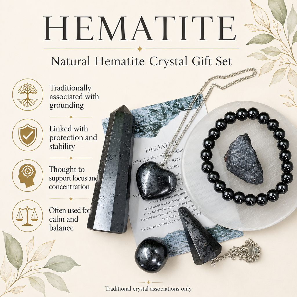 Hematite Crystal Gift Set For Emotional Support and Protection, Real Polished Gemstones. | Merkaba & Platonic Solids | Wiccan Center