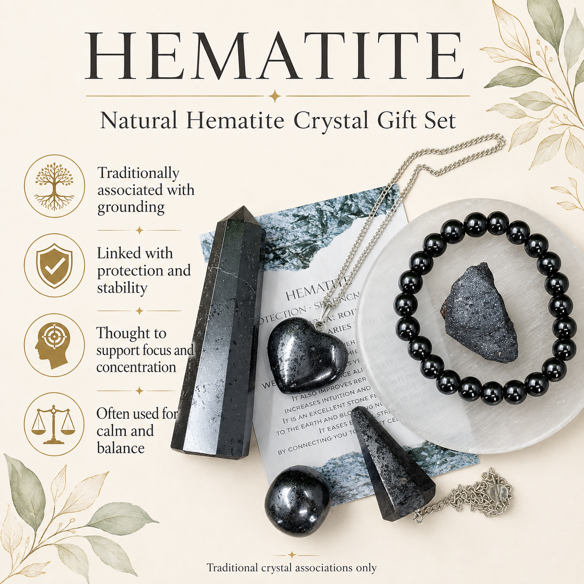 Hematite Crystal Gift Set For Emotional Support and Protection, Real Polished Gemstones. | Merkaba & Platonic Solids | Wiccan Center