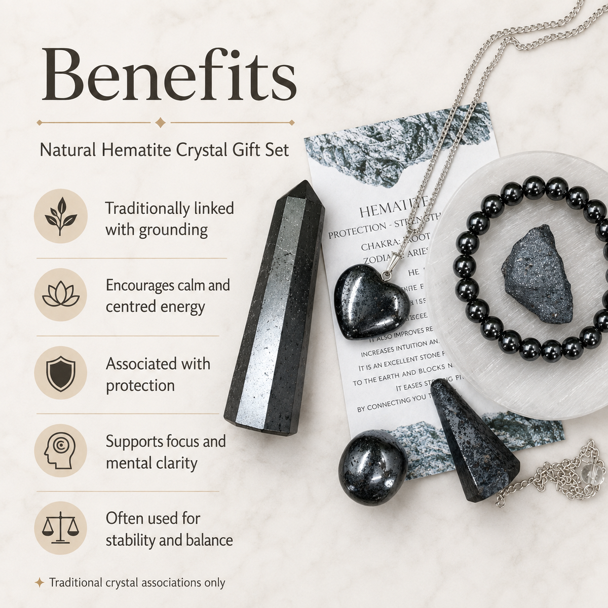 Hematite Crystal Gift Set For Emotional Support and Protection, Real Polished Gemstones. | Merkaba & Platonic Solids | Wiccan Center