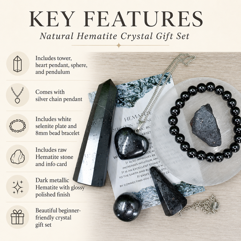 Hematite Crystal Gift Set For Emotional Support and Protection, Real Polished Gemstones. | Merkaba & Platonic Solids | Wiccan Center