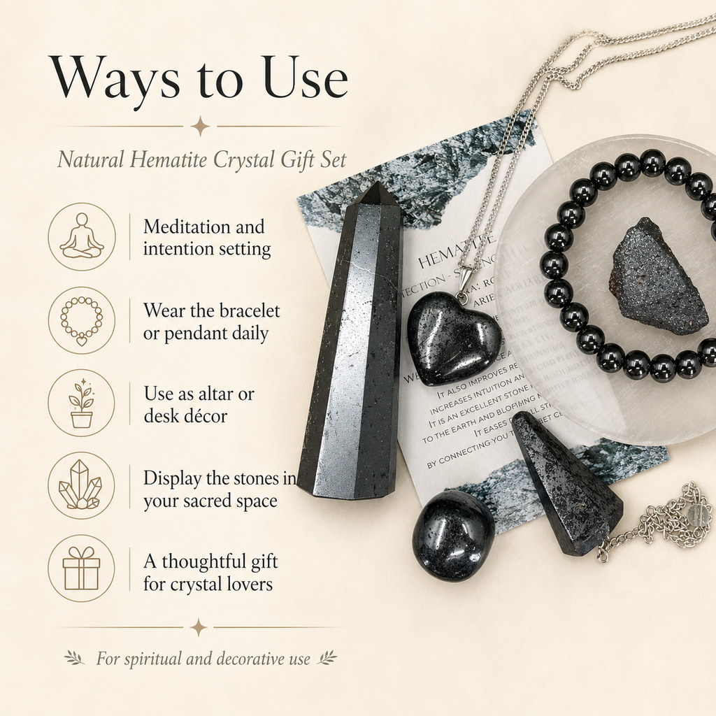 Hematite Crystal Gift Set For Emotional Support and Protection, Real Polished Gemstones. | Merkaba & Platonic Solids | Wiccan Center