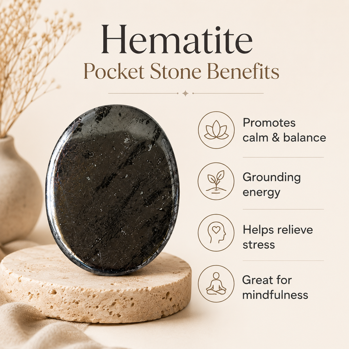 Hematite Pocket Stones (Focus and Strength) | Worry & Palm Stones | Wiccan Center