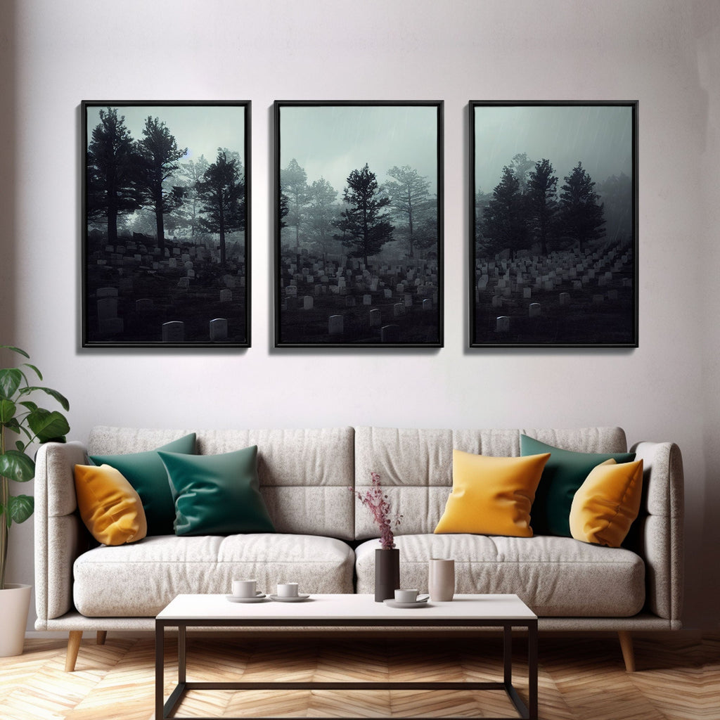 Spooky haunted graveyard at night, art for witches, 3 piece canvas, 3 piece wall art, cemetery art | | Wiccan Center