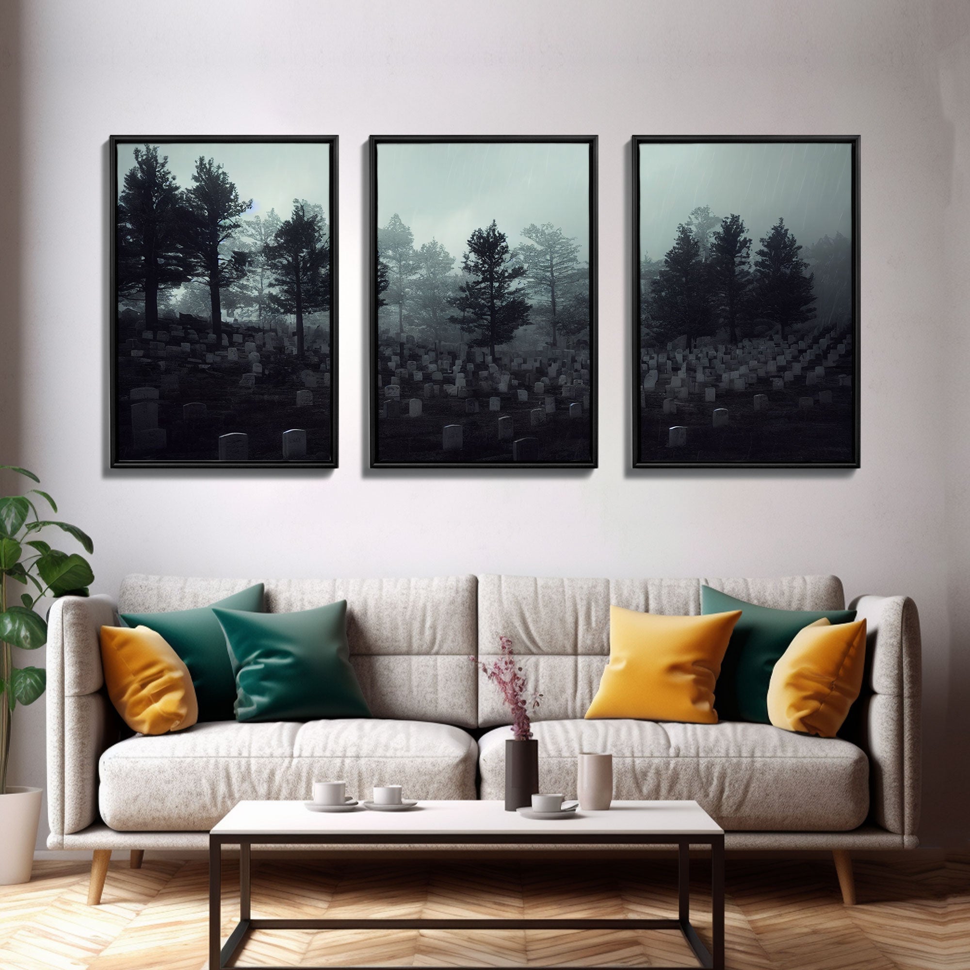 Spooky haunted graveyard at night, art for witches, 3 piece canvas, 3 piece wall art, cemetery art | | Wiccan Center