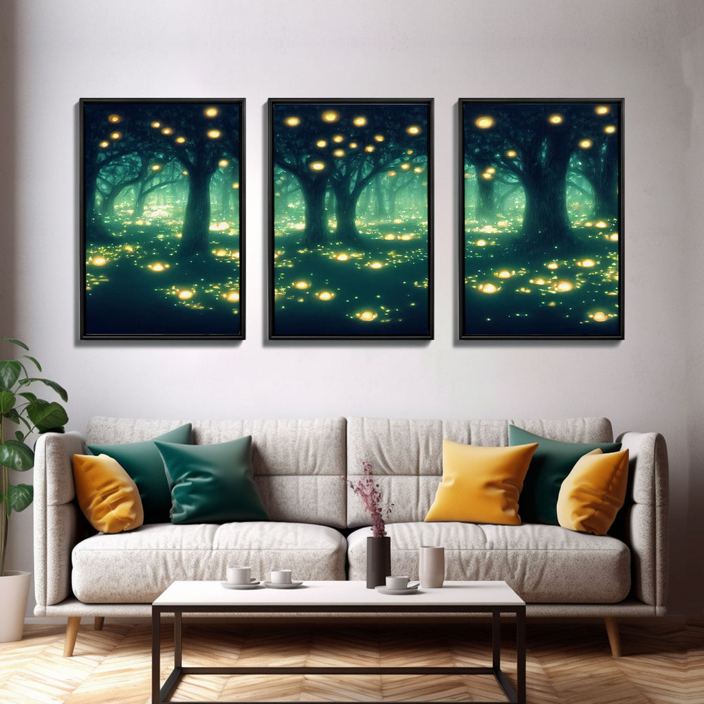 Fantasy forest wall decor, ready to hang 3 piece canvas print, 3 piece wall art, firefly wall art, Fireflies In A Fairy Forest at Night | | Wiccan Center