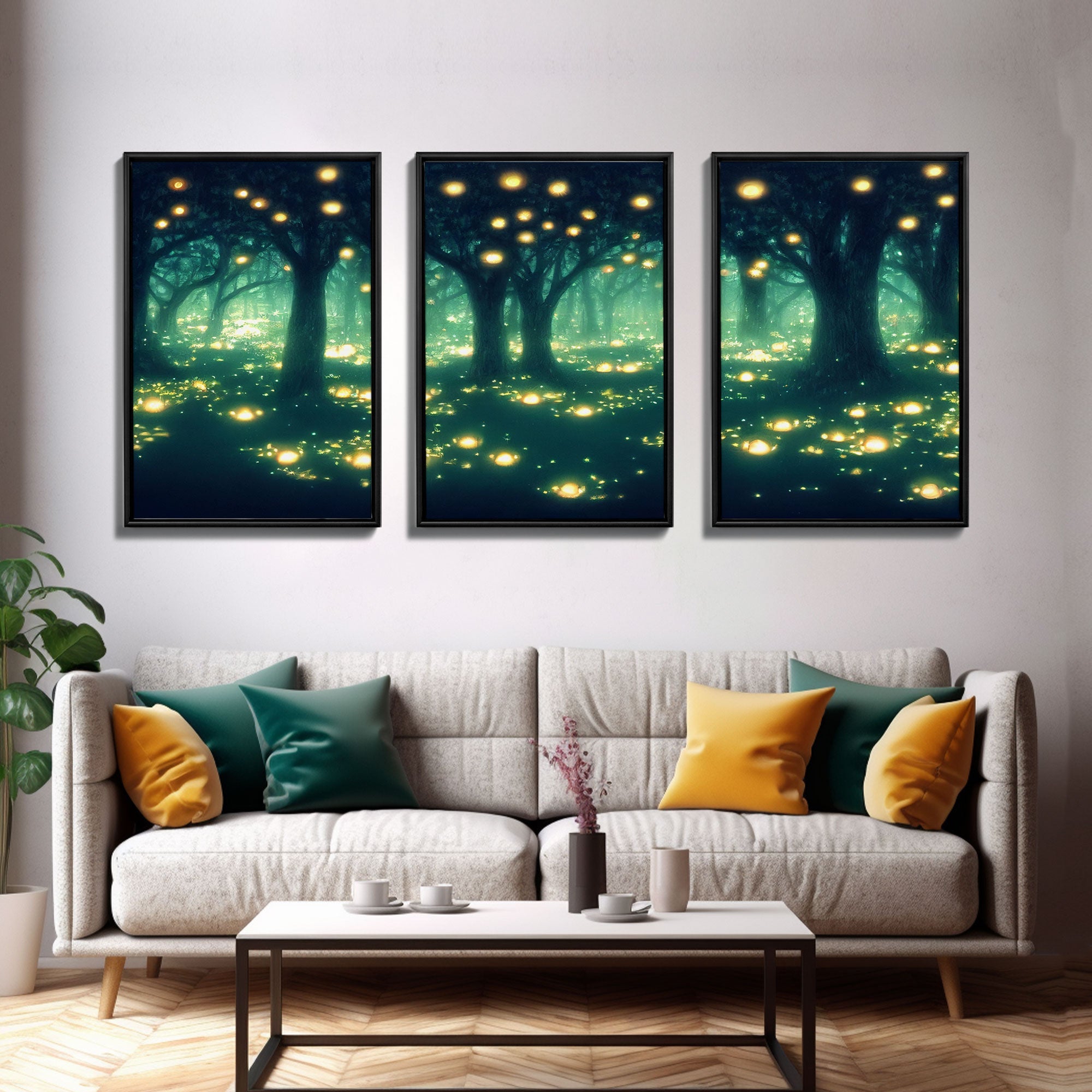 Fantasy forest wall decor, ready to hang 3 piece canvas print, 3 piece wall art, firefly wall art, Fireflies In A Fairy Forest at Night | | Wiccan Center
