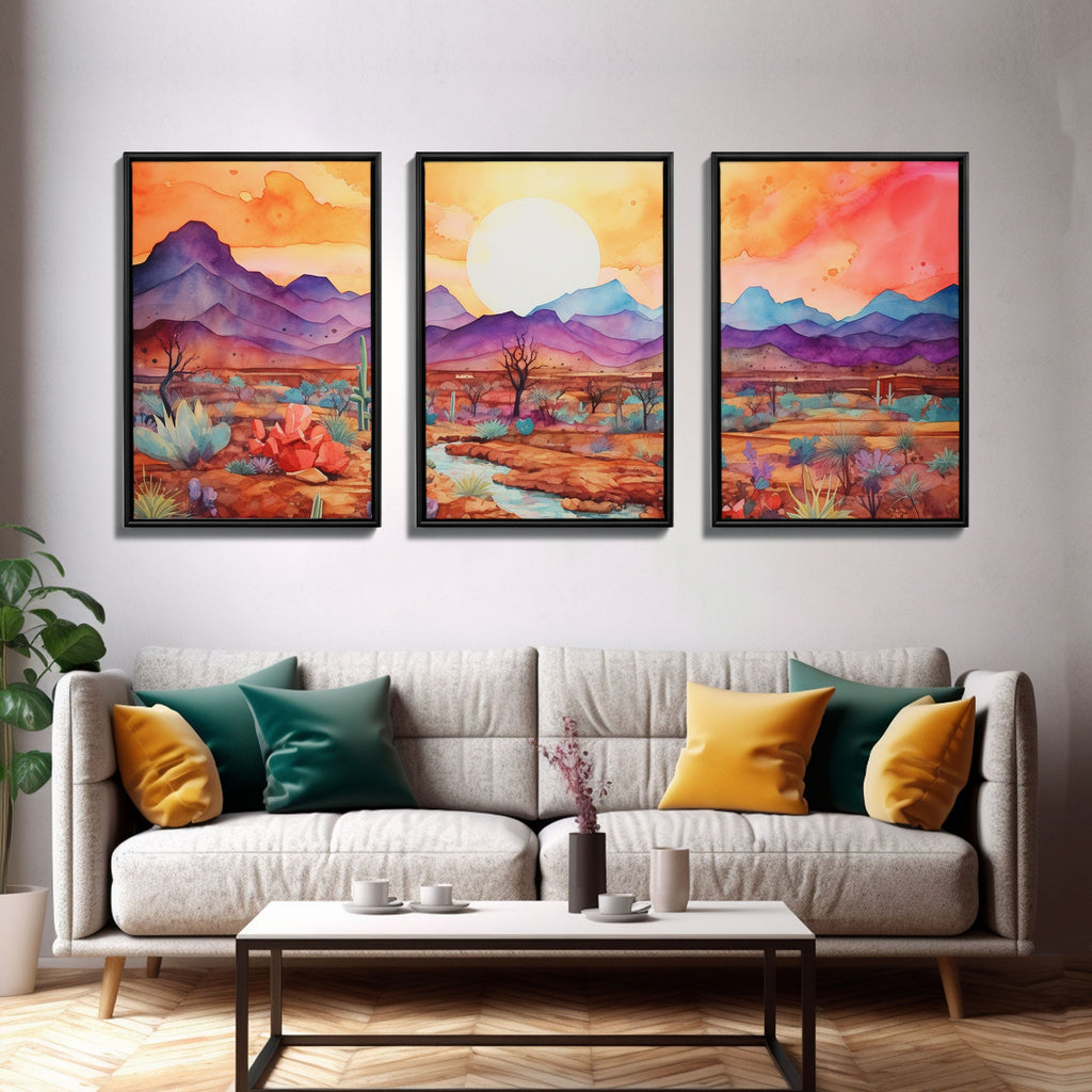 Black Framed 3 Piece Wall Art, Southwestern Desert Scene at Sunset, Minimalist Wall Art, MCM Style Midcentury Wall Decor, Above Sofa Art | | Wiccan Center