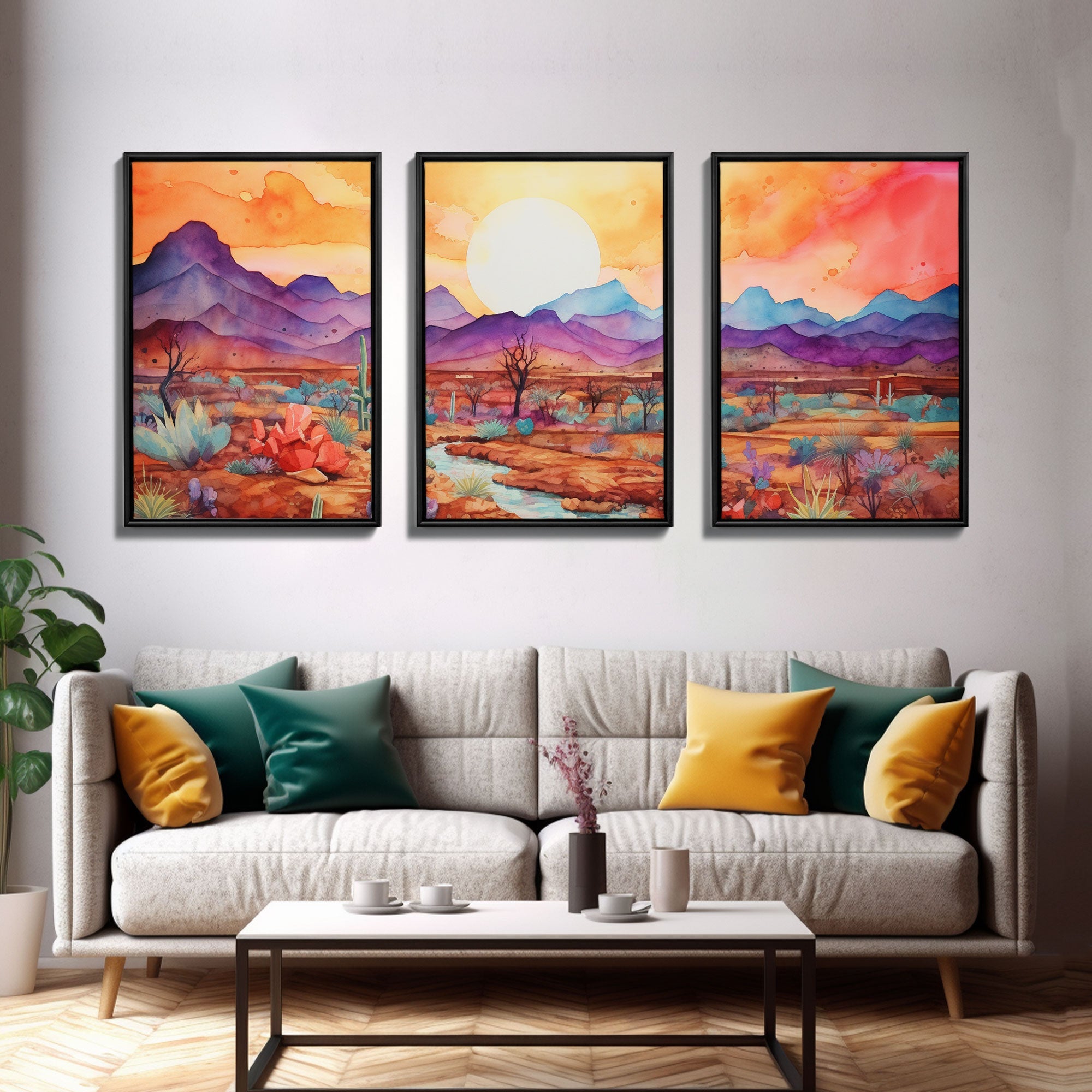 Black Framed 3 Piece Wall Art, Southwestern Desert Scene at Sunset, Minimalist Wall Art, MCM Style Midcentury Wall Decor, Above Sofa Art | | Wiccan Center