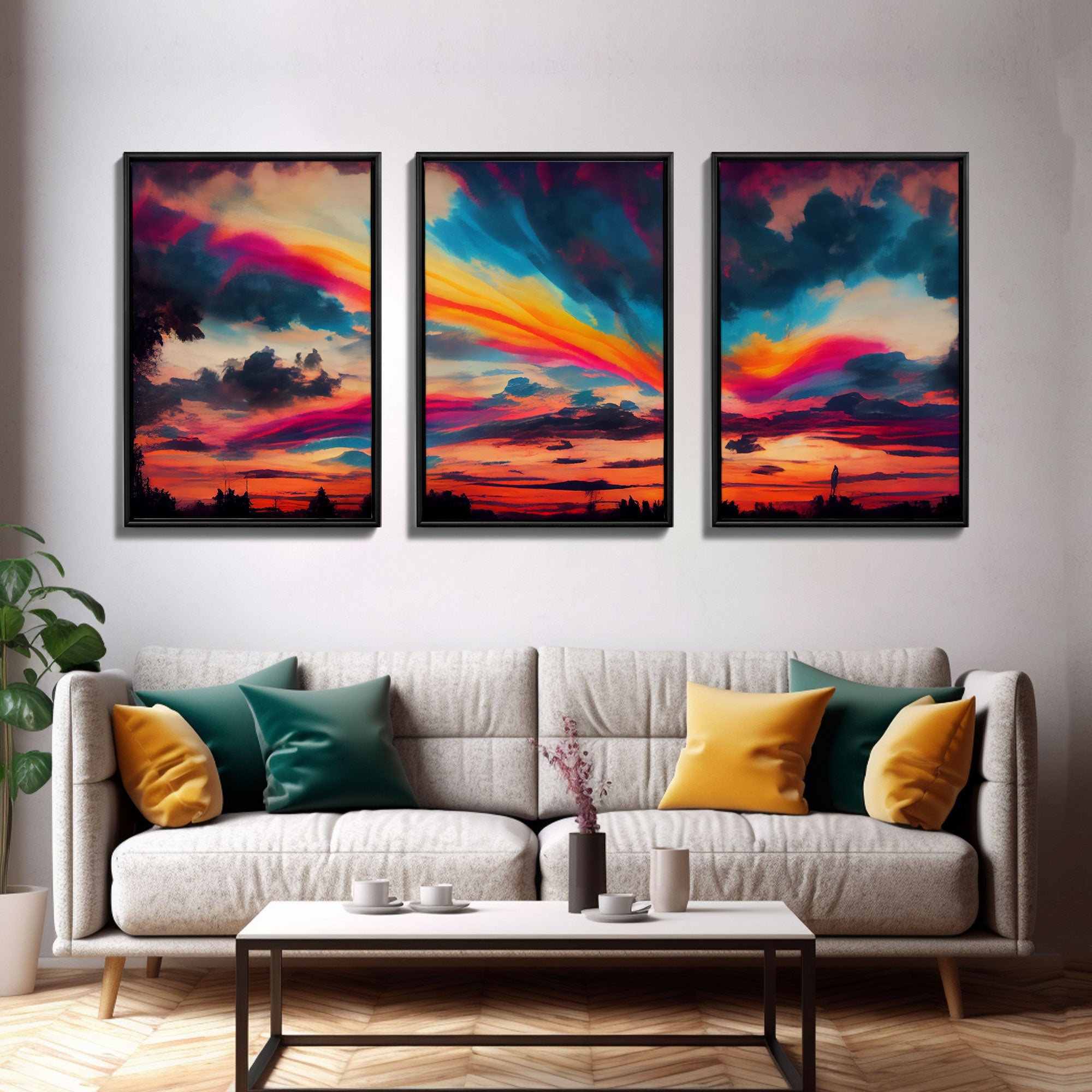 Psychedelic sunset, beautiful colorful wall art, 3 piece canvas print, three piece wall art, living room above the couch art, sun rise art | | Wiccan Center