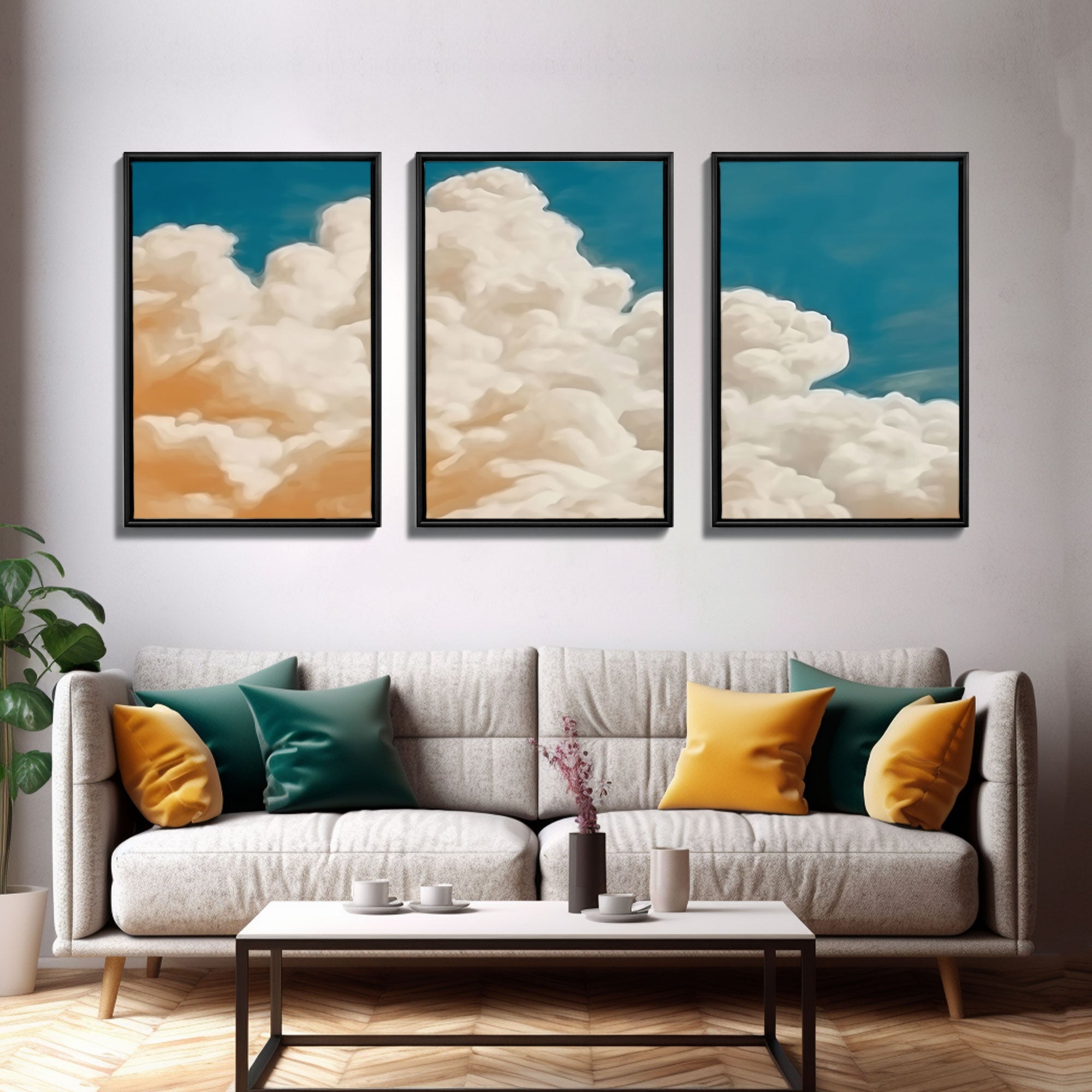 Framed Canvas Wall Art Set of 3 Pastel Clouds, Navy Blue Sky, Nature Landscape Prints, Minimalist Modern Art Nature Boho Wall Decor | | Wiccan Center