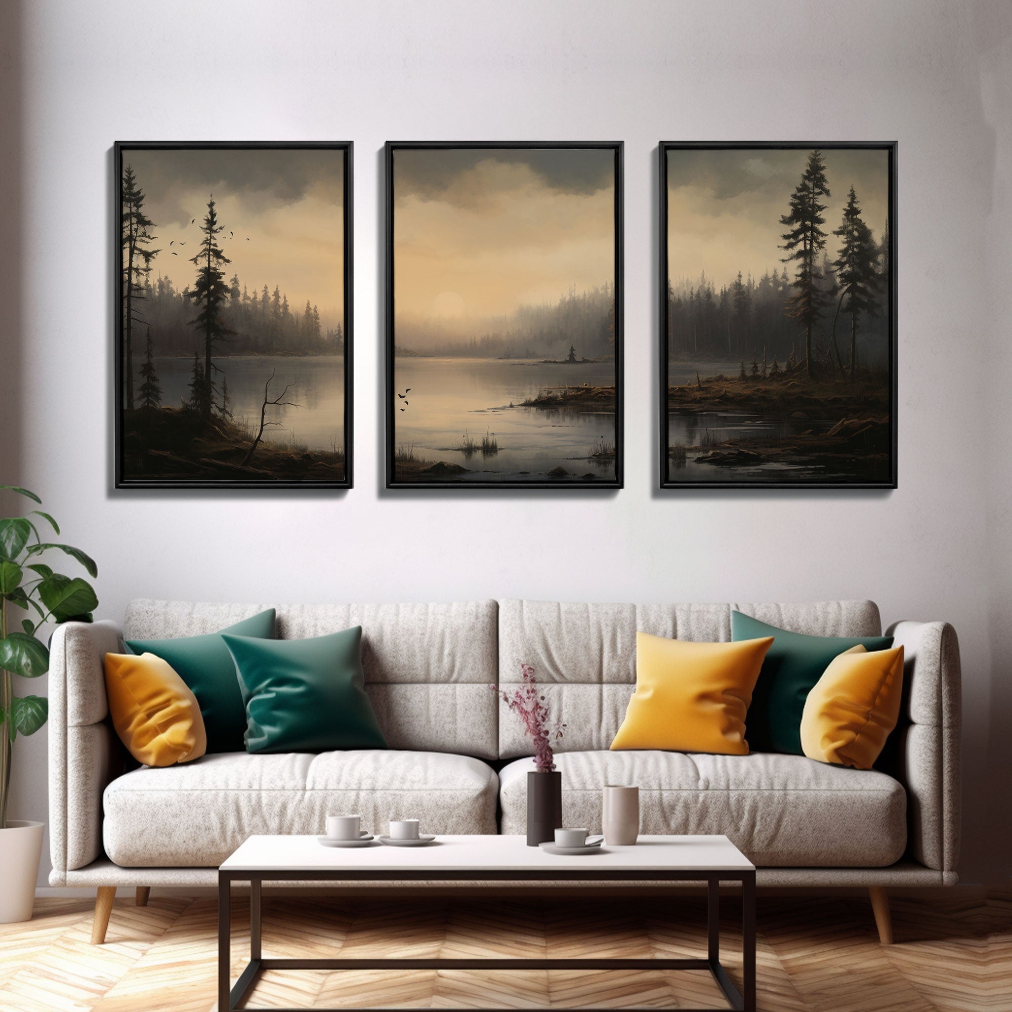 Moody 3 Piece Canvas Wall Art, Solumn PNW Lake At Sunset, Framed Canvas Print 3 Panel Set, Original Landscape Painting, Pacific Northwest | | Wiccan Center
