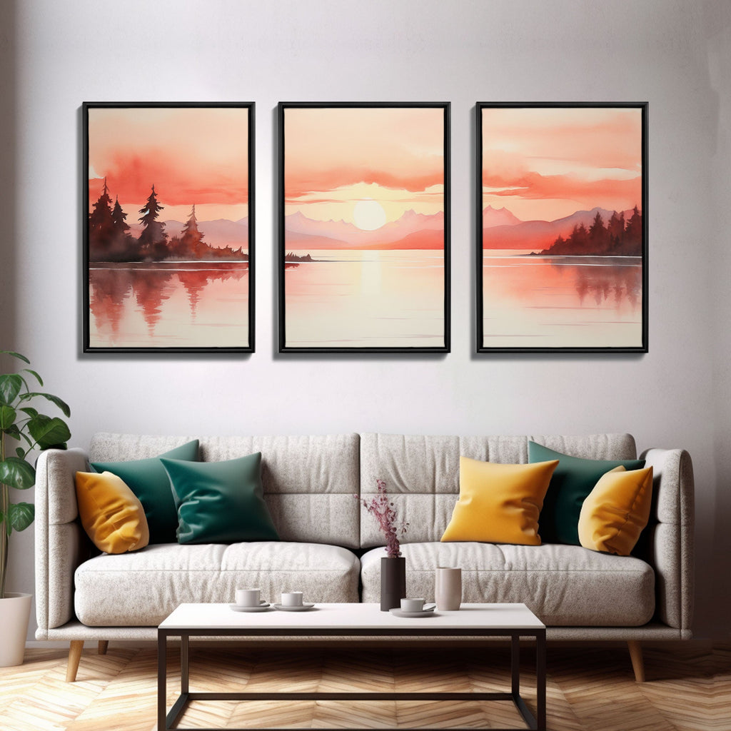 Beautiful Red Lake Sunset 3 Piece Framed Canvas Print Set, Above Sofa Art, Living Room Decor, Beautiful Wall Art, Watercolor Painting | | Wiccan Center
