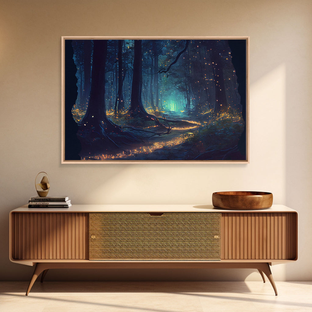 The magical enchanted forest is lit brightly with fireflies at night, framed canvas print, fantasy art | | Wiccan Center