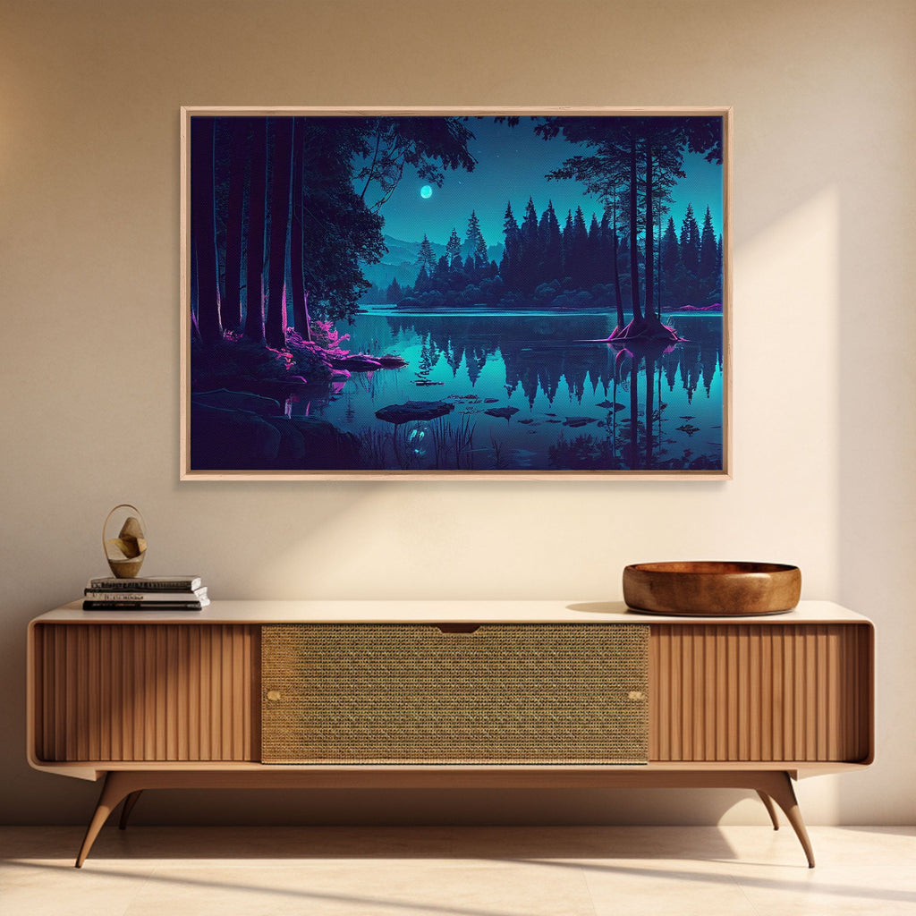 Vaporwave Full moon over the lake at midnight, framed canvas print, subdued art, watercolor painting print | | Wiccan Center