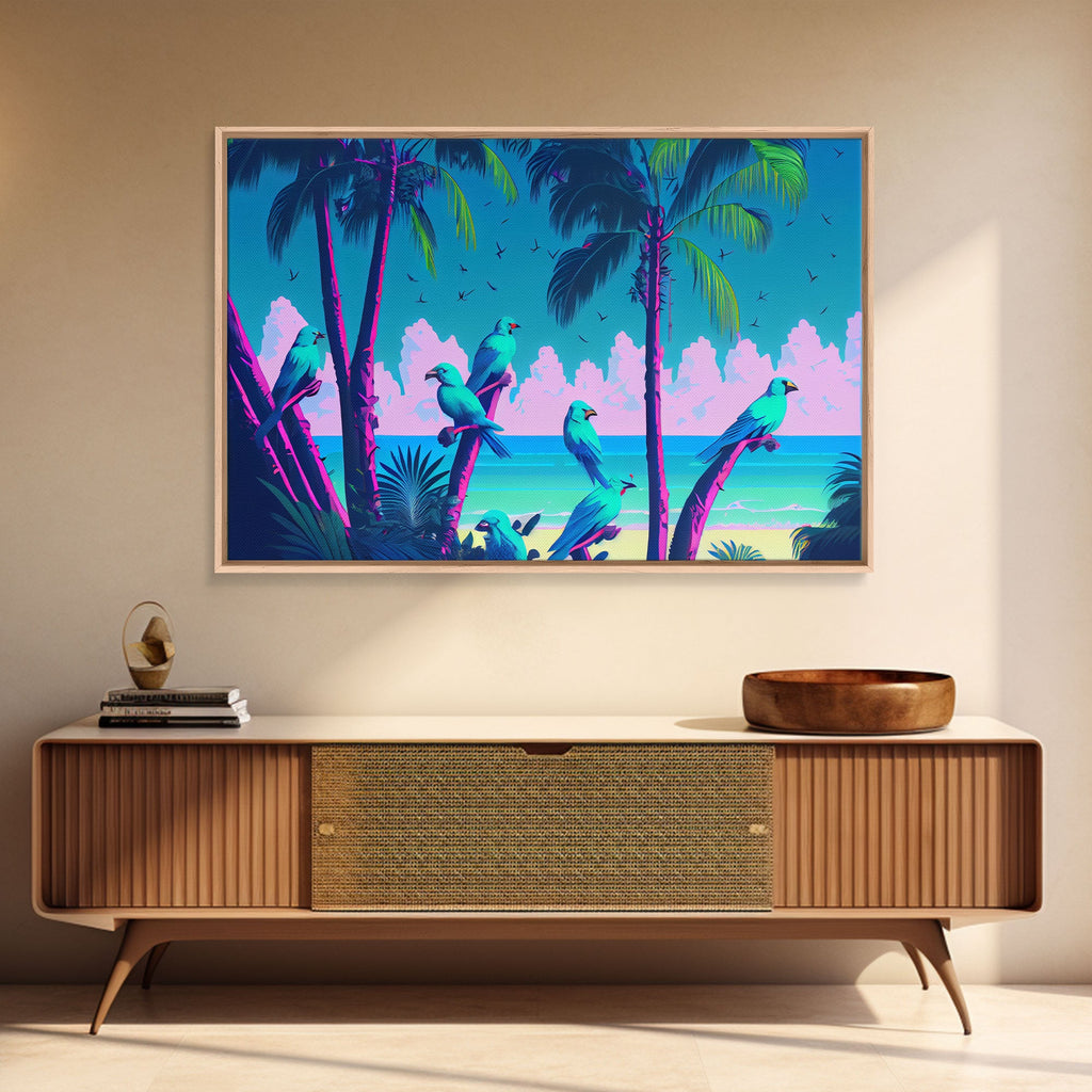 Tropical birds of paradise, synthwave, vaporwave wall art, framed canvas print | | Wiccan Center