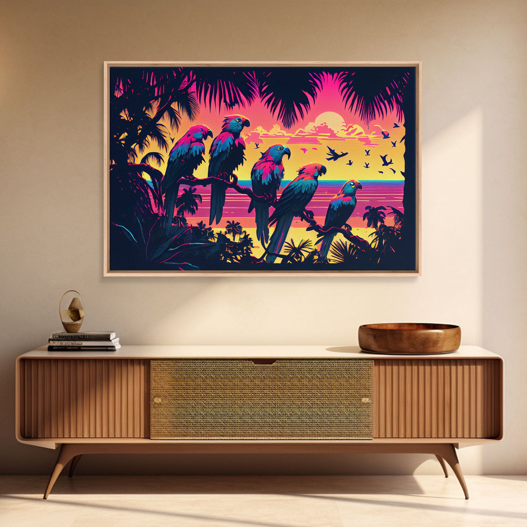 Tropical birds of paradise, synthwave, vaporwave wall art, framed canvas print | | Wiccan Center
