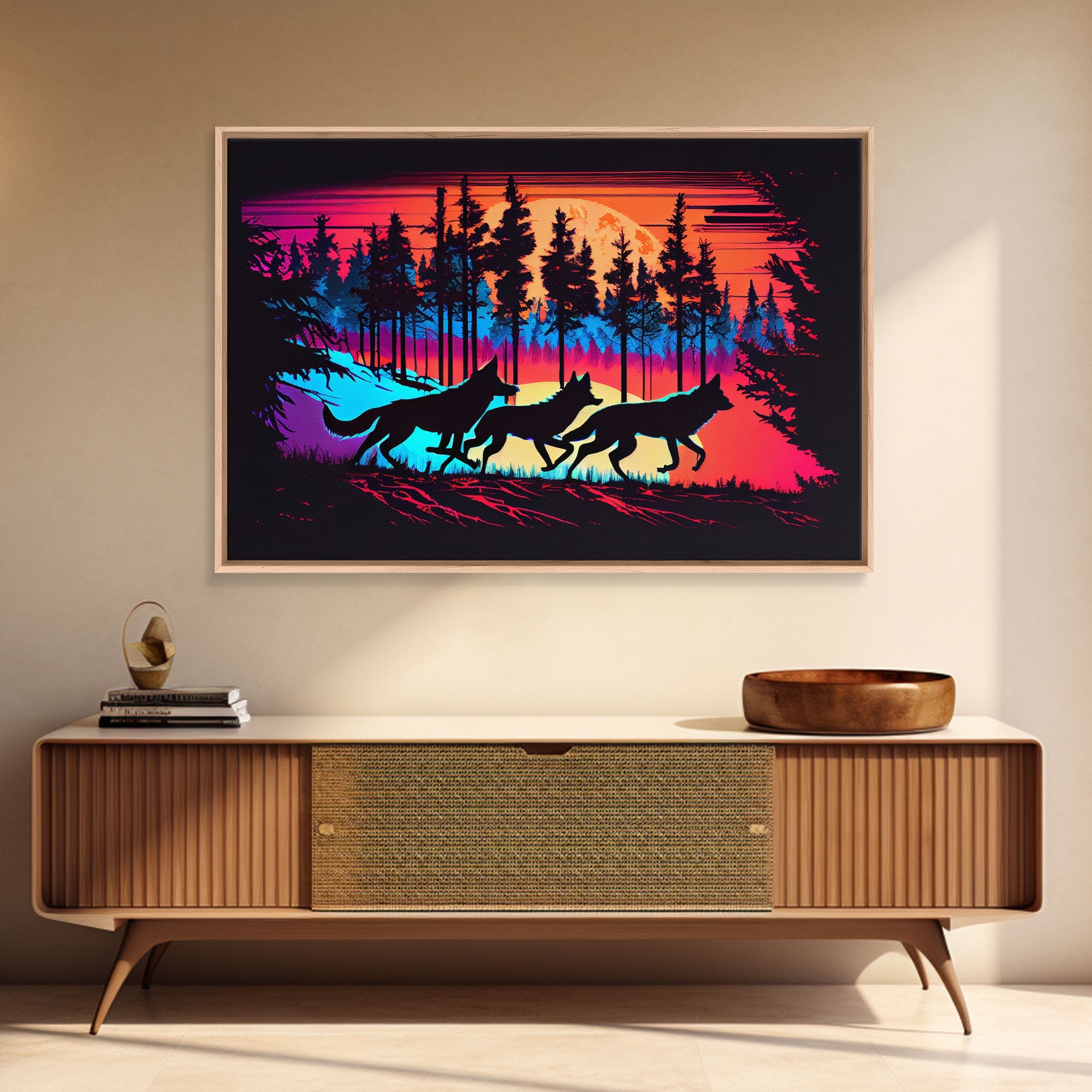 Wolves on the hunt at sunset, synthwave animal art, framed canvas print, vaporwave aesthetic animal art | | Wiccan Center