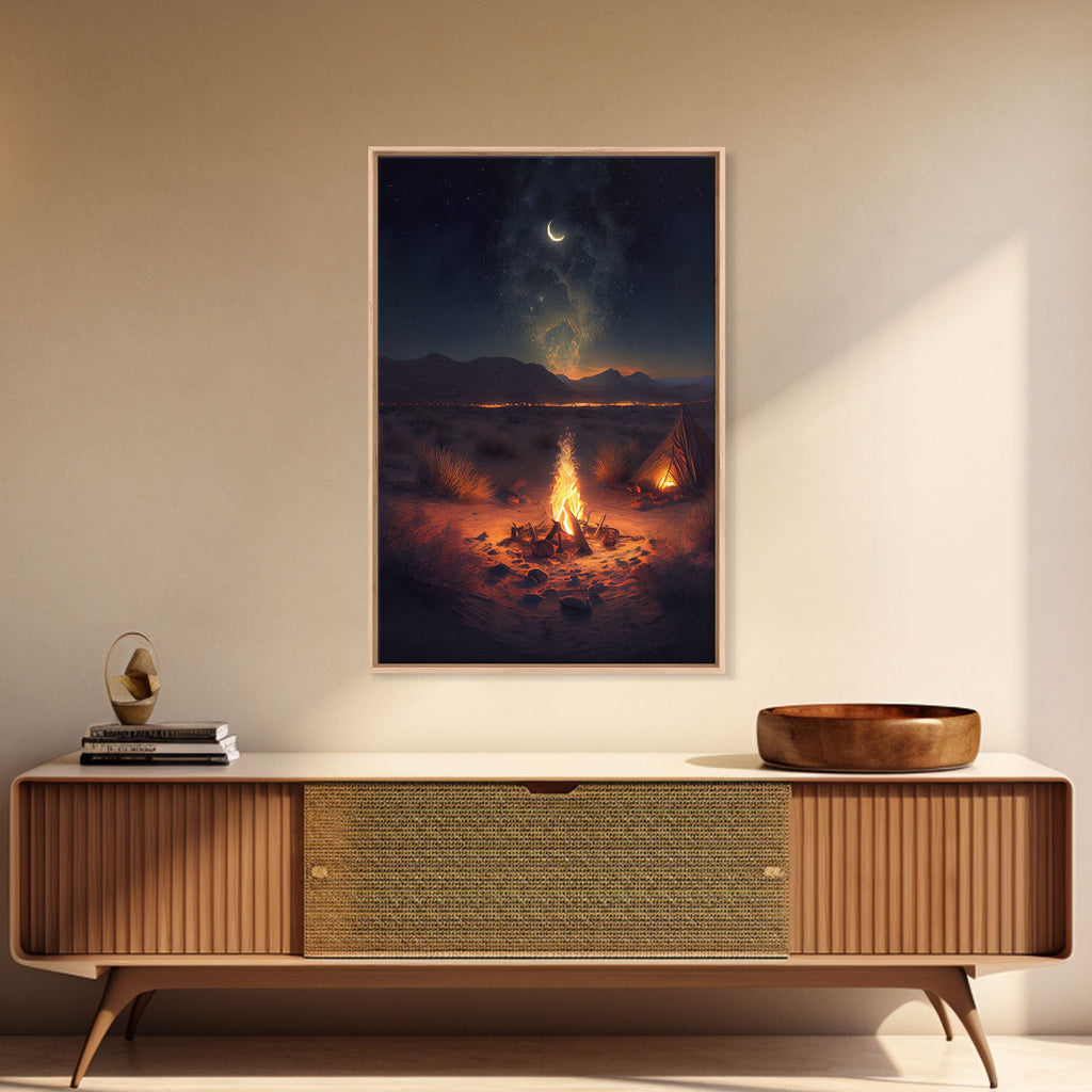 Primitive Art, Campfire under the stars, camping art, framed canvas print | | Wiccan Center