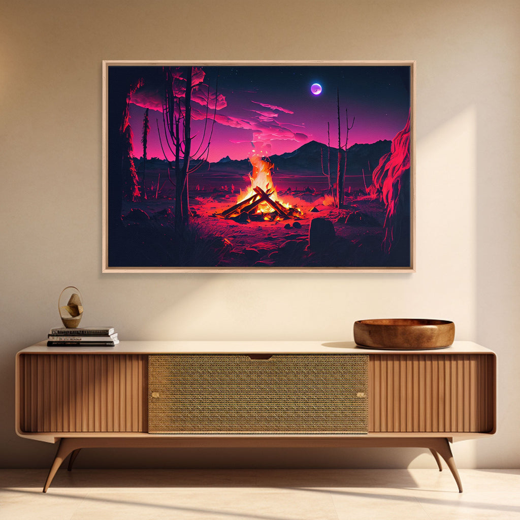 Primitive Art, Campfire Painting Print, Framed Canvas Print, Synthwave Farmhouse Decor | | Wiccan Center
