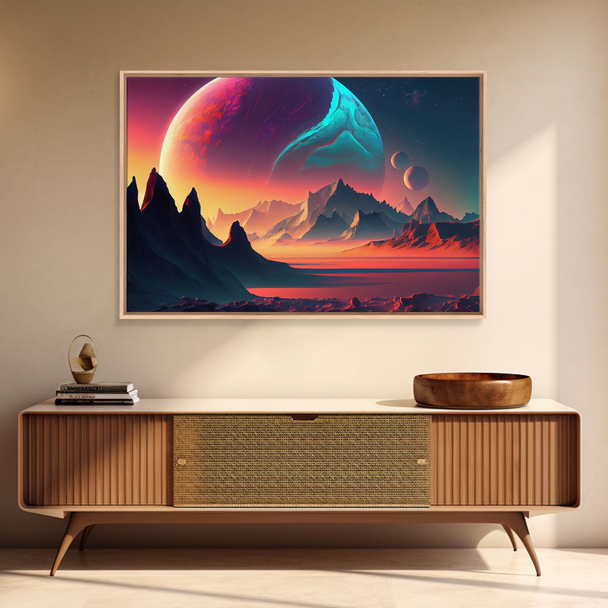 3 Moon Fantasy World, Retro Style Sci-Fi Art, Framed Canvas Print, Futuristic Art, Fantasy Decor | | Wiccan Center