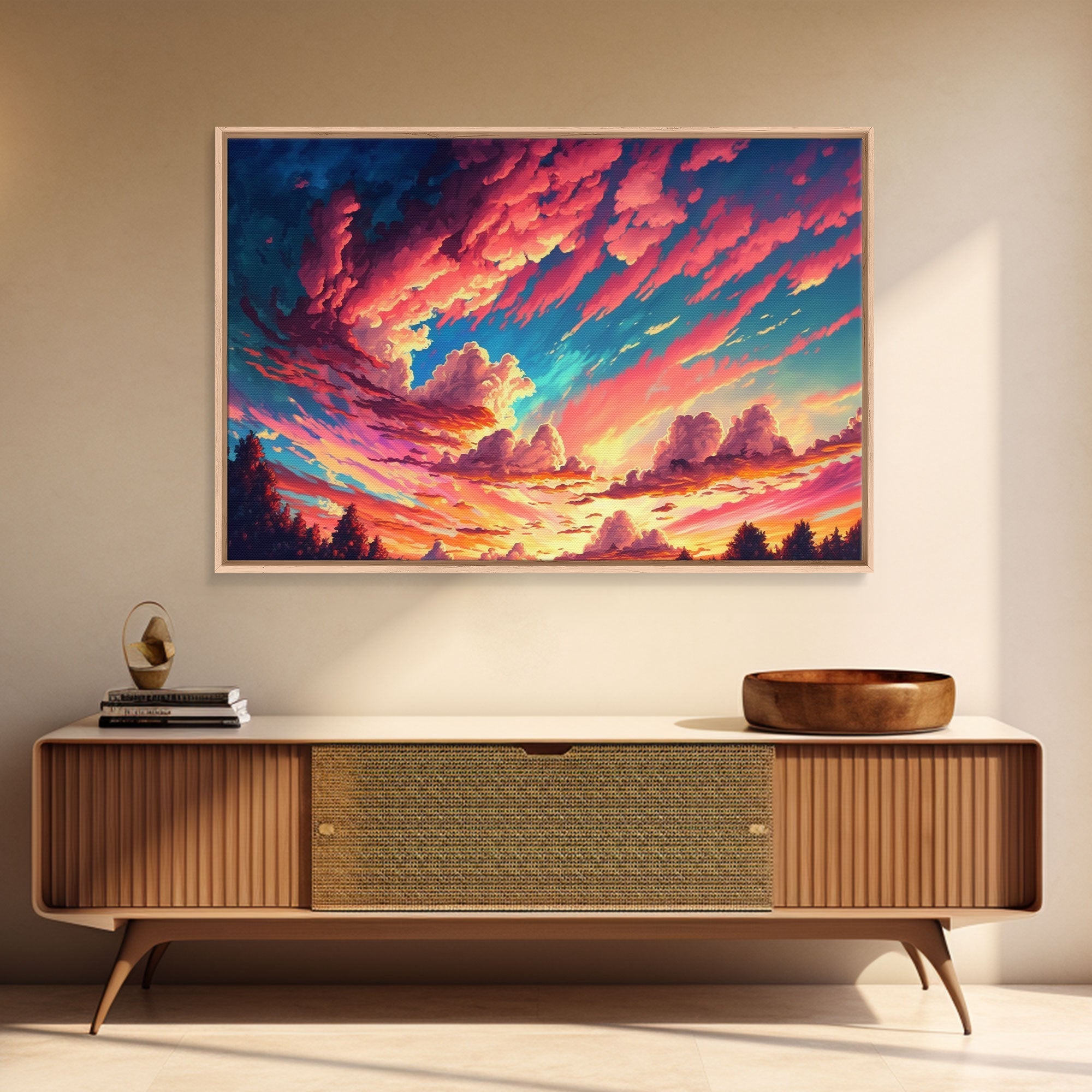 Watercolor of a beautiful cloudy sky at sunset, framed canvas print, landscape art, unique framed wall art | | Wiccan Center