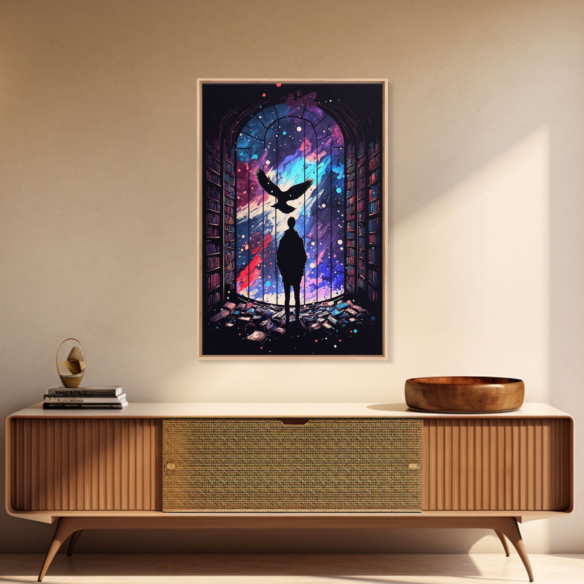 here in my garage, knowledge, retro style library art, framed canvas print | | Wiccan Center