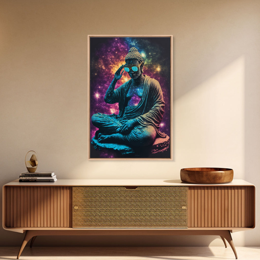 Psychedelic Buddha Wearing Aviators / Sunglasses, Meditation Art, Framed Canvas Print | | Wiccan Center