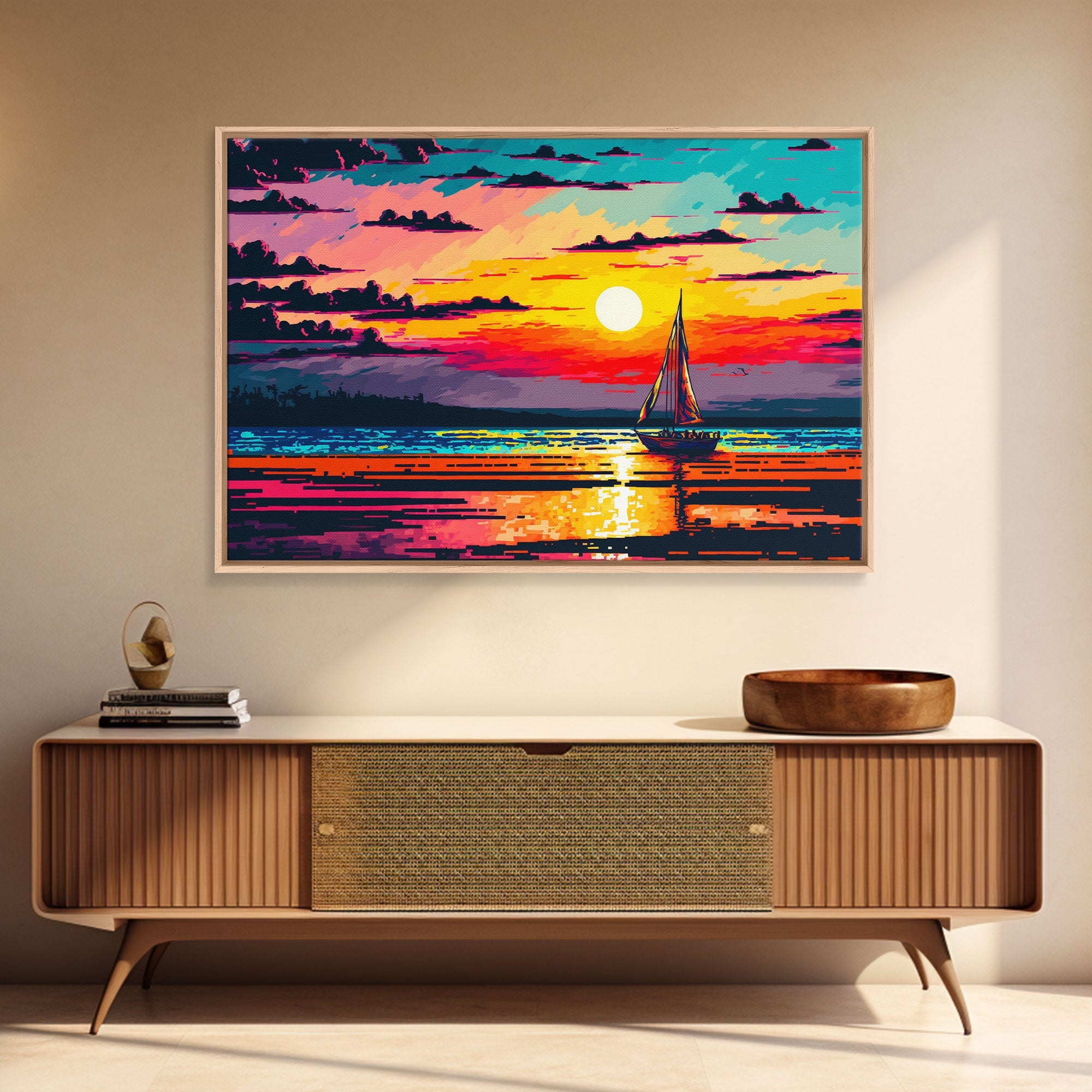 Sailing at Sunset, Watercolor Painting Canvas Print, Framed Wall Art, Unique Sunset Pop Art Ocean Landscape Decor | | Wiccan Center