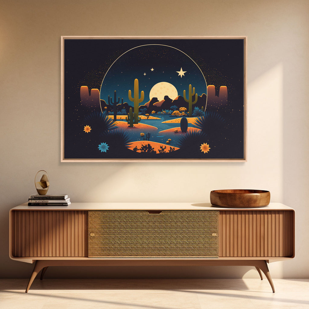 Retro Art Deco Style Pueblo Desert Art, Cactus Desert Landscape under a Full Moon, Framed Canvas Print, Cute Western Decor | | Wiccan Center