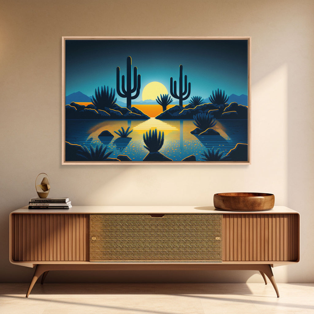 Retro Art Deco Style Pueblo Desert Art, Cactus Desert Landscape under a Full Moon, Framed Canvas Print, Cute Western Decor | | Wiccan Center