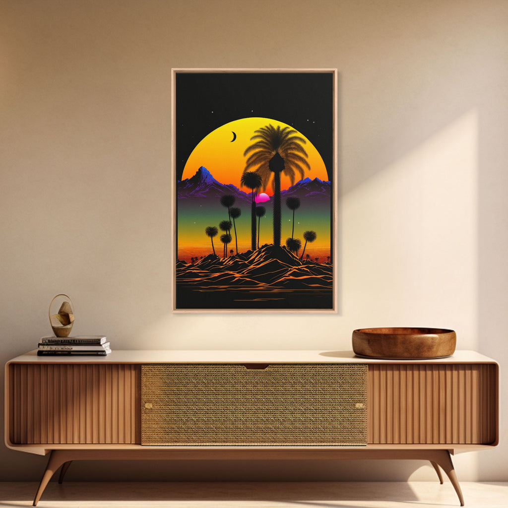 Pop Art Framed Canvas Print of Desert Landscape at Sunset, Outrun Style Sunset Full Moon Art, Unique 80s Vibe Retro Art | | Wiccan Center