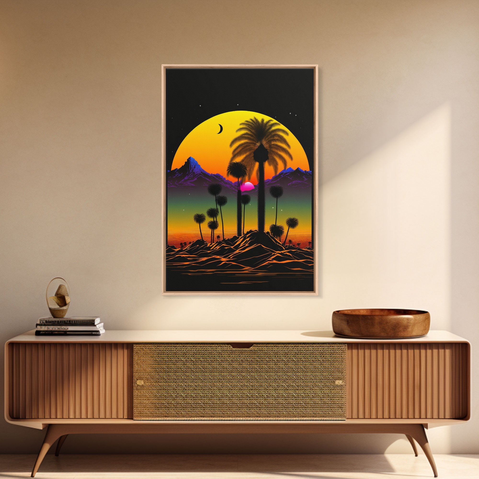 Pop Art Framed Canvas Print of Desert Landscape at Sunset, Outrun Style Sunset Full Moon Art, Unique 80s Vibe Retro Art | | Wiccan Center