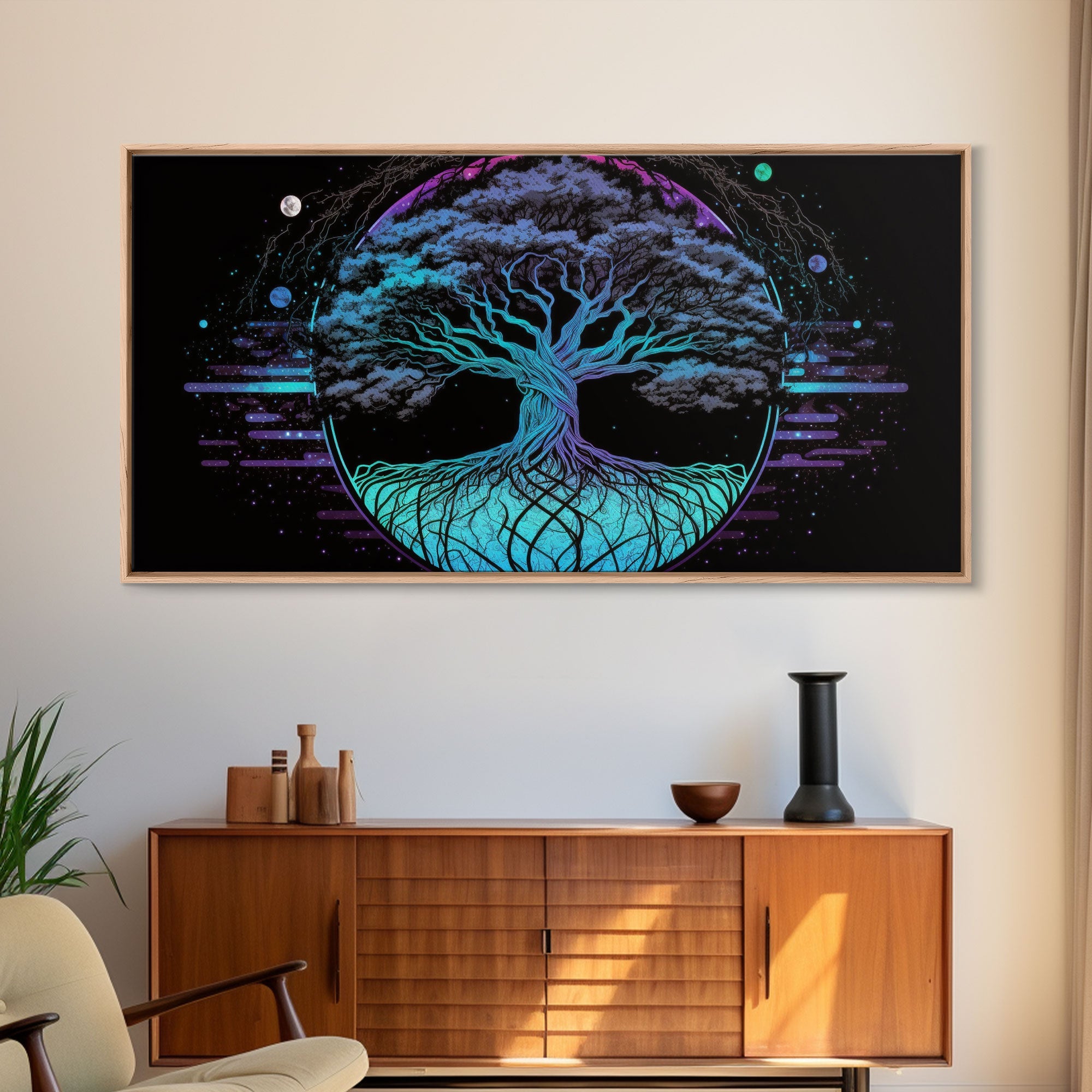 Norse Mythology Art, Synthwave Style Yggdrasil Tree of Life and the 9 Realms, Fantasy Art, Framed Canvas Print, Game Room Nordic Art | | Wiccan Center