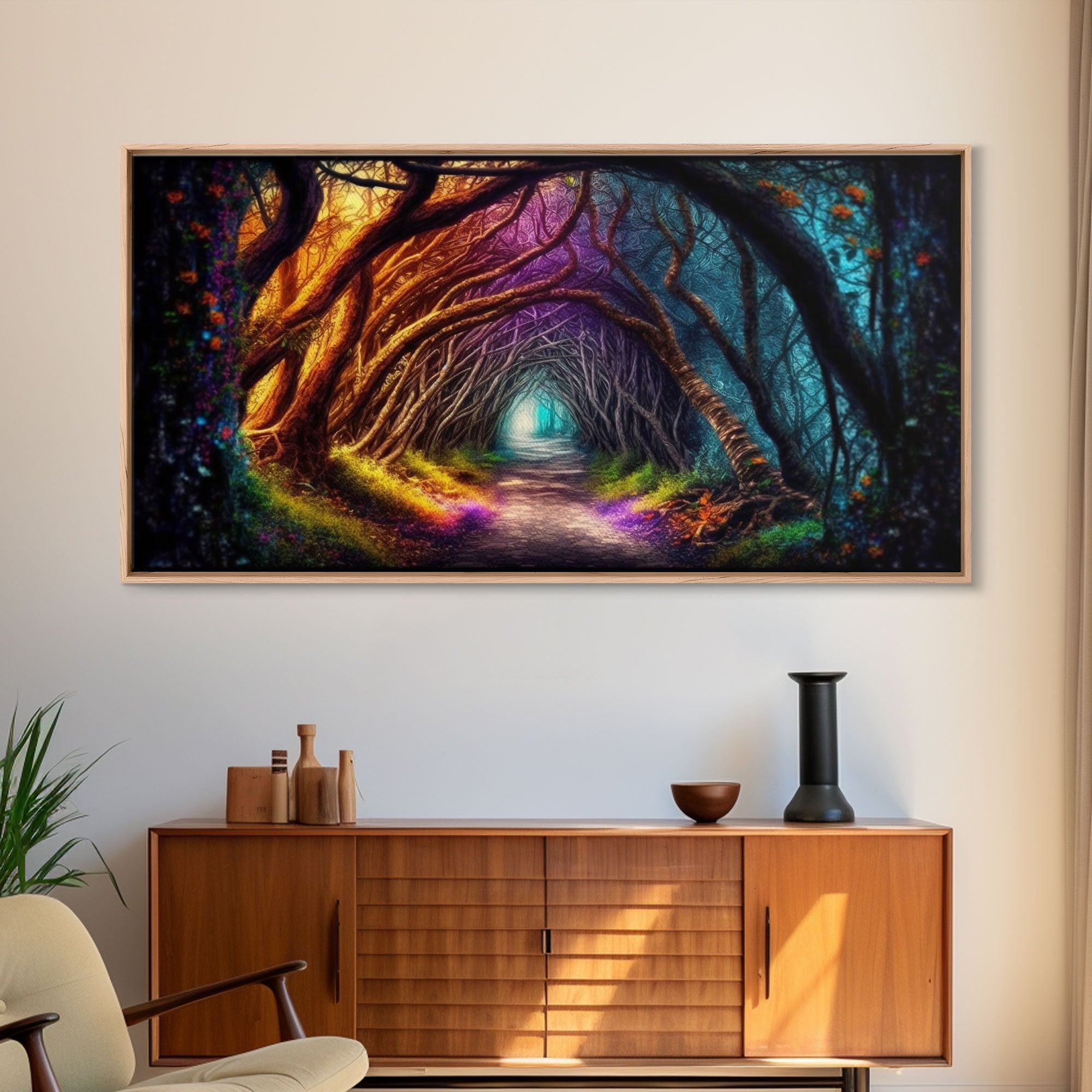 Secret Path, Fantasy Art, Pop Art Forest Landscape, Framed Canvas Print, Colorful Forest Painting, Living Room Art, Glowing Magical Forest | | Wiccan Center