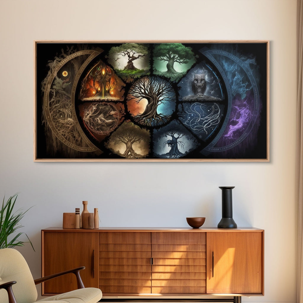 The Interconnected 9 Realms of Norse Mythology with Yggdrasil, Nordic Art, Framed Canvas Print, Nine Realms, Viking Art | | Wiccan Center