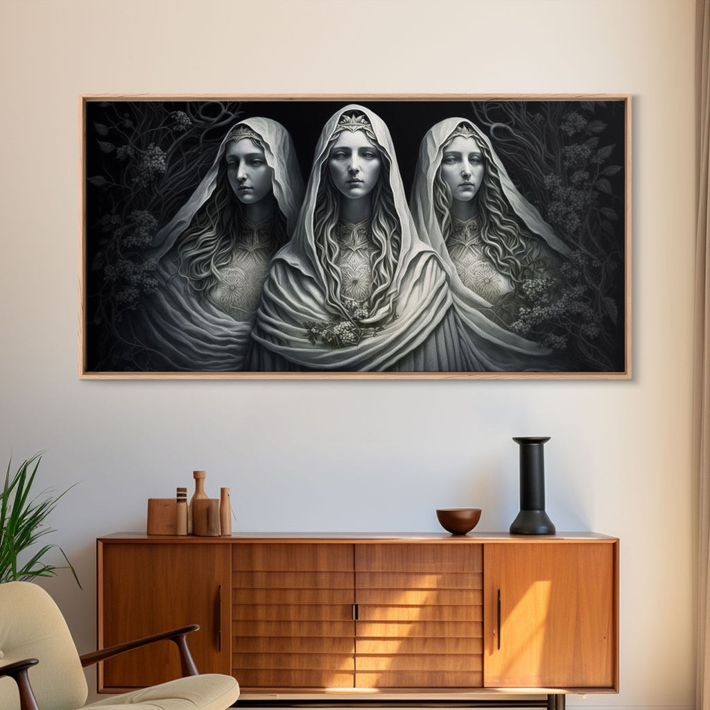 The Norns, Norse Mythology, Weavers of Fate, Framed Canvas Print, Urðr, Verðandi, and Skuld, Black and White Norse Fantasy Art | | Wiccan Center