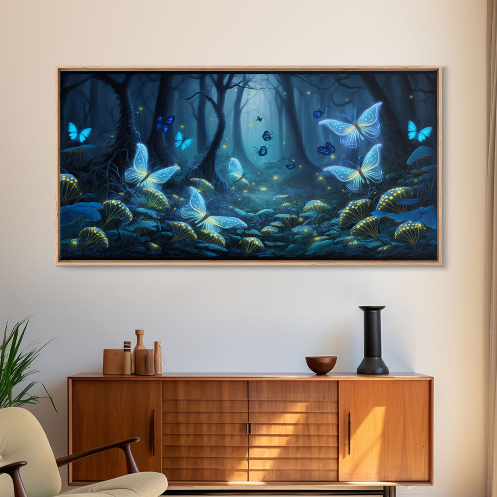 Magical Enchanted Fairy Forest, Fantasy Art, Framed Canvas Print, Bioluminescent Butterflies in an Enchanted Forest, Glowing Art | | Wiccan Center