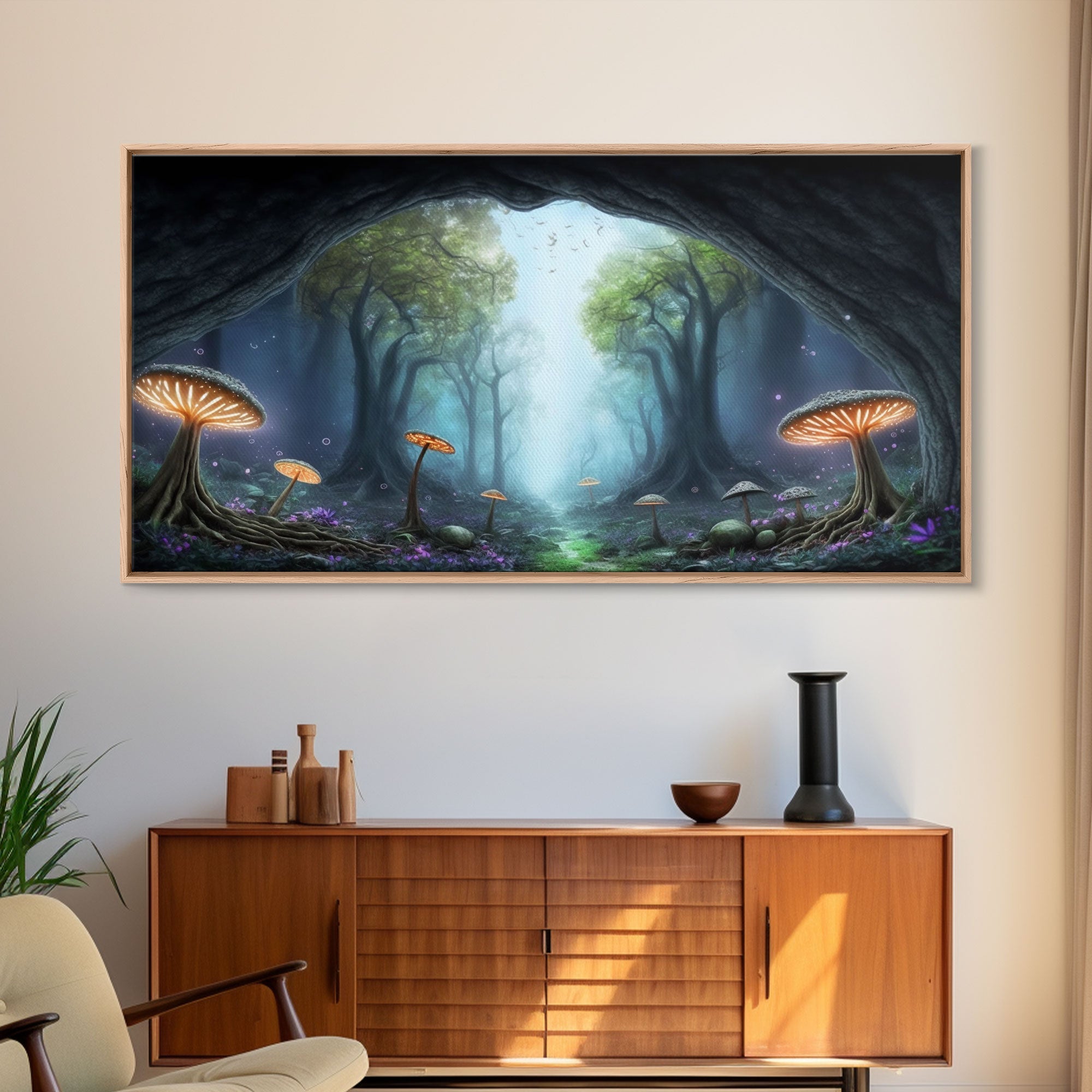 Magical Enchanted Mushroom Forest, Fantasy Art, Framed Canvas Print, Bioluminescent Butterflies in an Enchanted Forest, Glowing Art | | Wiccan Center