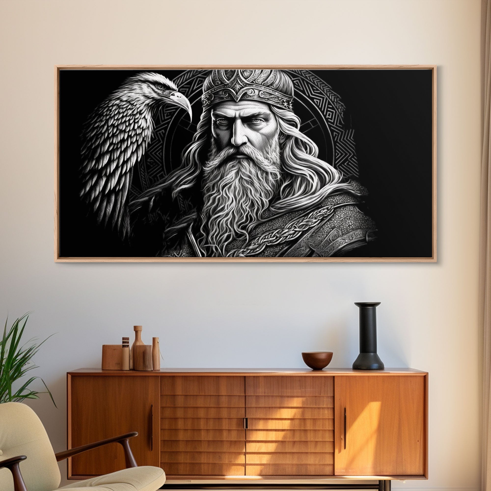 Black and White Portrait of Odin and Muninn, King of The Gods, Framed Canvas Print, Odin's Ravens, Norse Mythology Art | | Wiccan Center