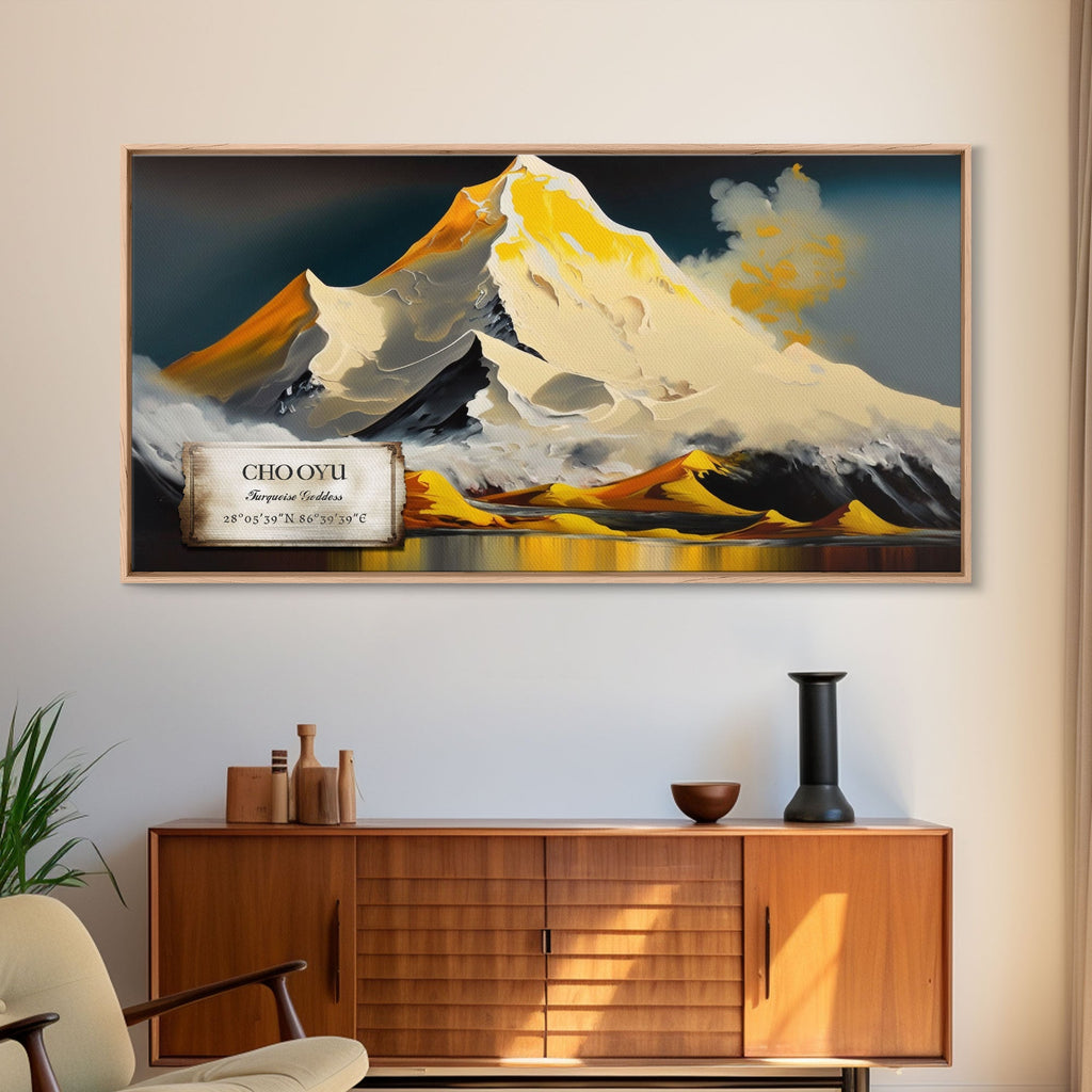Cho Oyu, The Turquoise Goddess, Travel Poster, Framed Canvas Print, Mountain Landscape Painting, Original Painting Print | | Wiccan Center