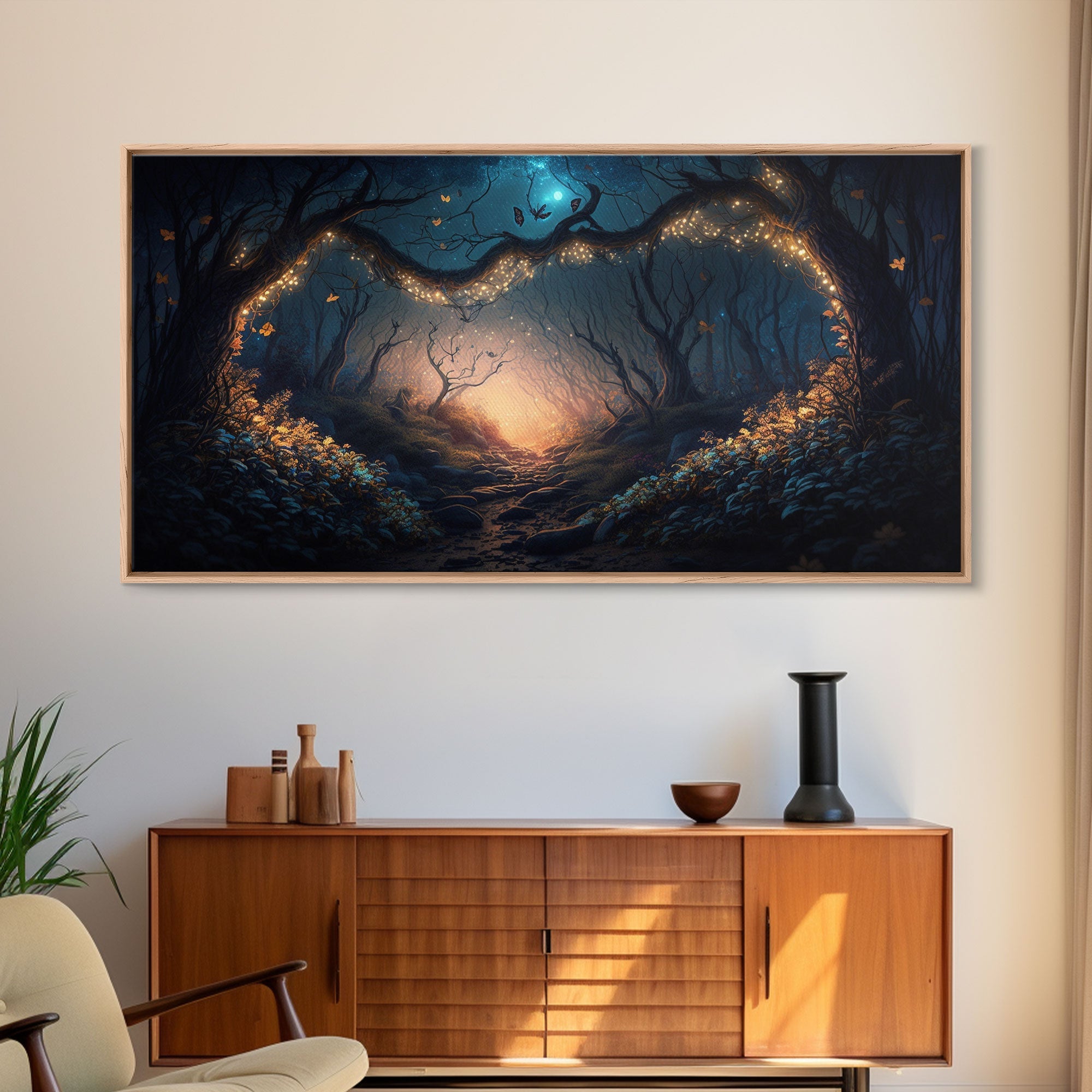 Wreath of Fireflies, Beautiful Fantasy Art, Framed Canvas Print, Moonlit Forest Floor Fantasy Concept Art | | Wiccan Center
