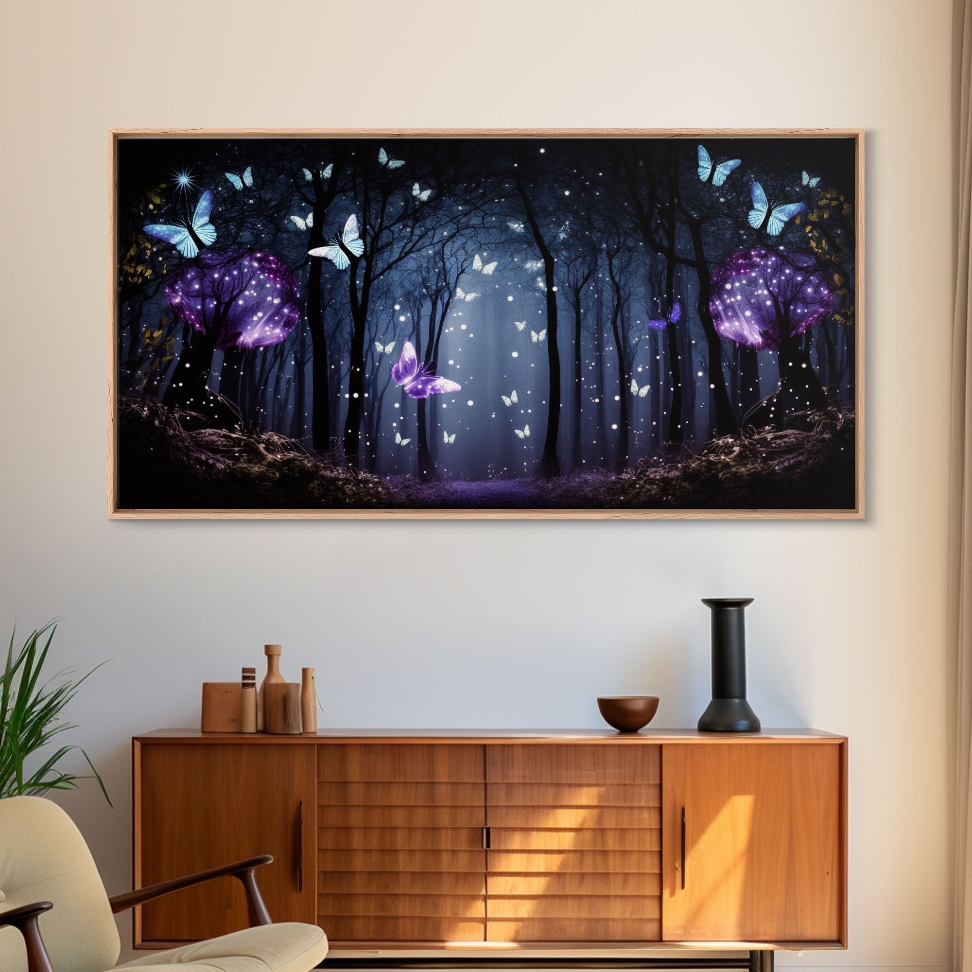 Glowing Butterflies, Framed Canvas Print, Fantasy Decor, High Fantasy Canvas Art, Fairy Forest | | Wiccan Center