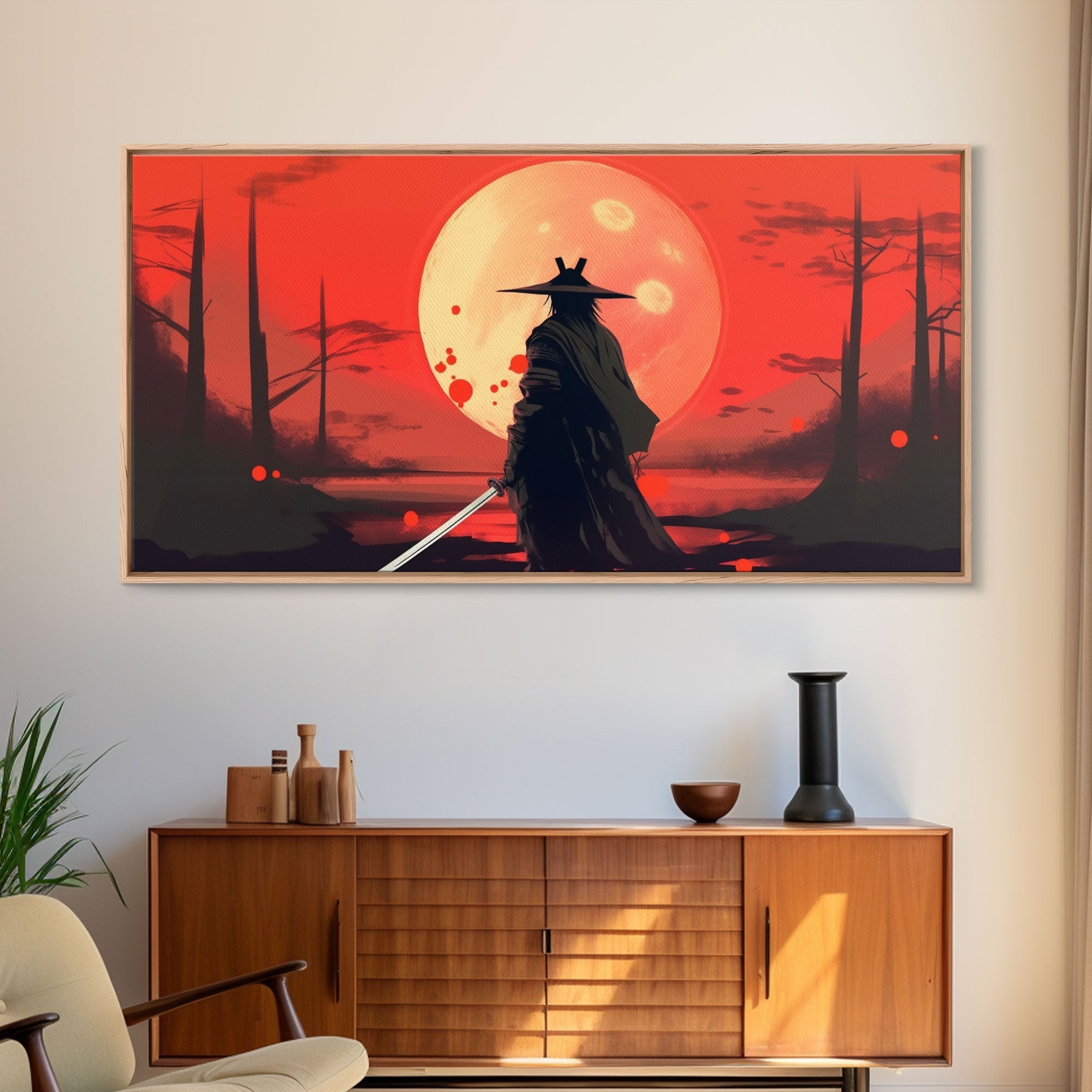 Mysterious Samurai and Blood Moon Print on Canvas, Framed Canvas Print, Modern Wall Art, Canvas Wall Set , Extra Large Wall Art, Warrior Art